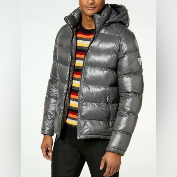 Men’s Guess gray metallic puffer with removable hood.  Size M - Picture 1 of 6